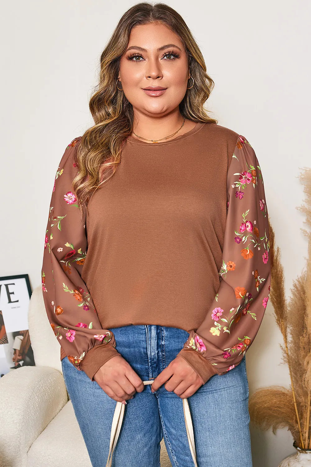 Plus Size Brown Floral Sleeve Patchwork Round Neck Blouse