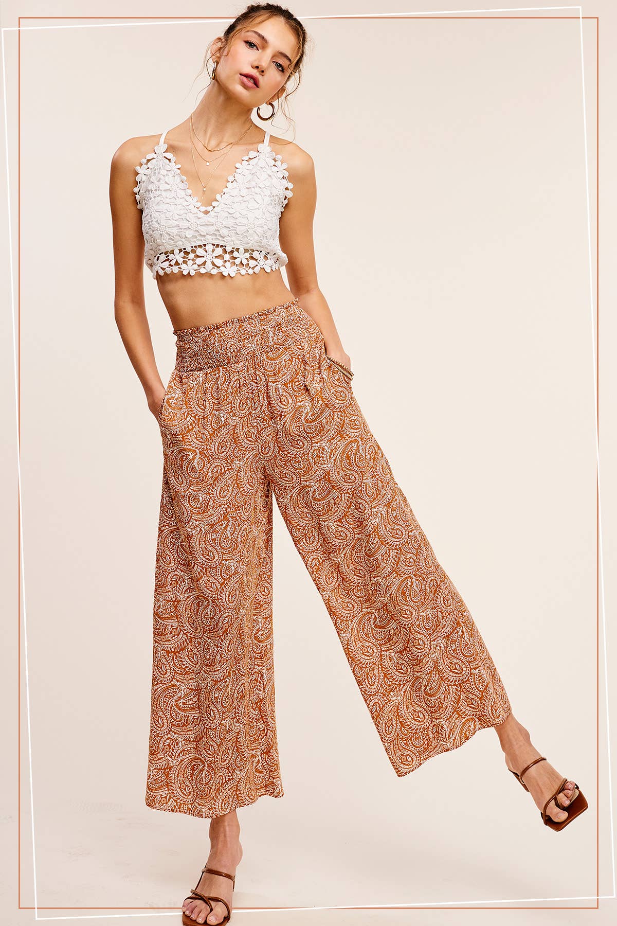 JCP4225-Boho Paisley Print Wide Leg Flowy Pants with Pockets