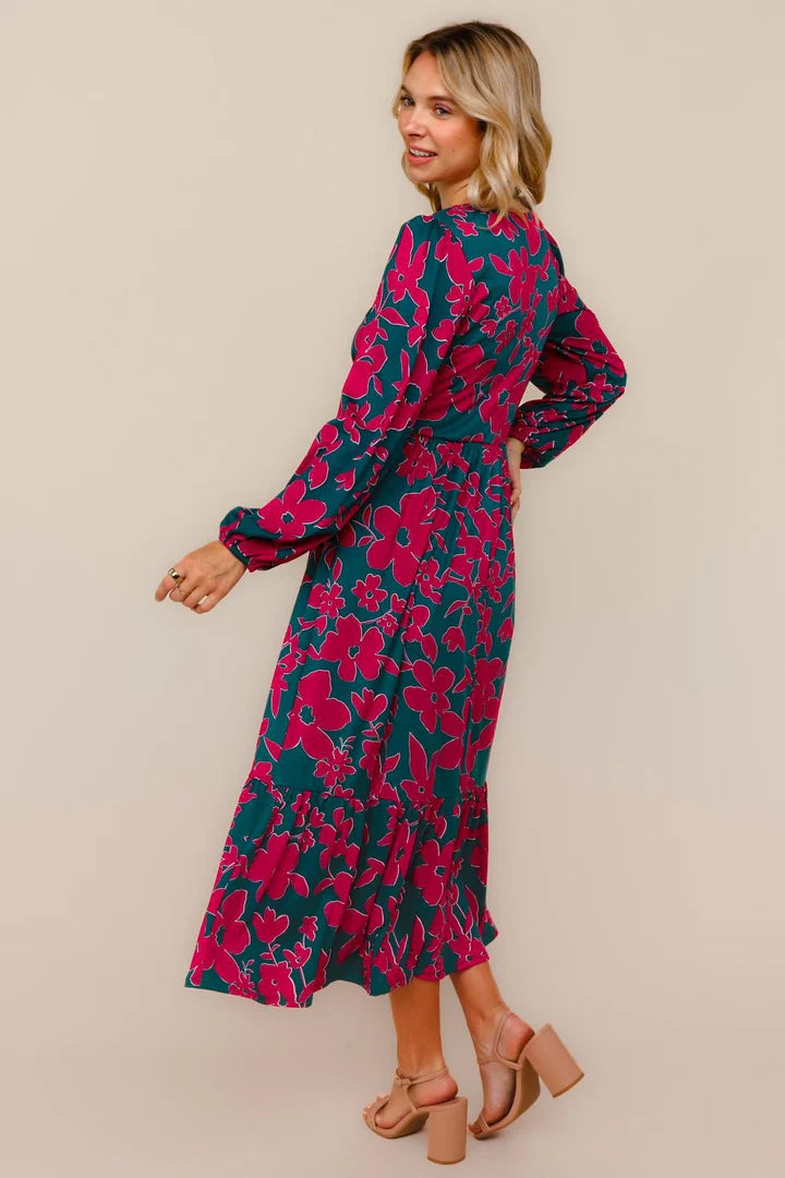 Vintage Floral Midi Ruffle Hem Dress