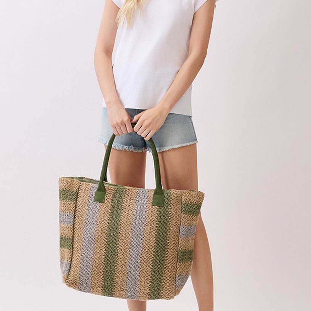 3AM BY H&D ACCESSORIES - Natural Brown Multi Color Stripe Straw Tote Bag