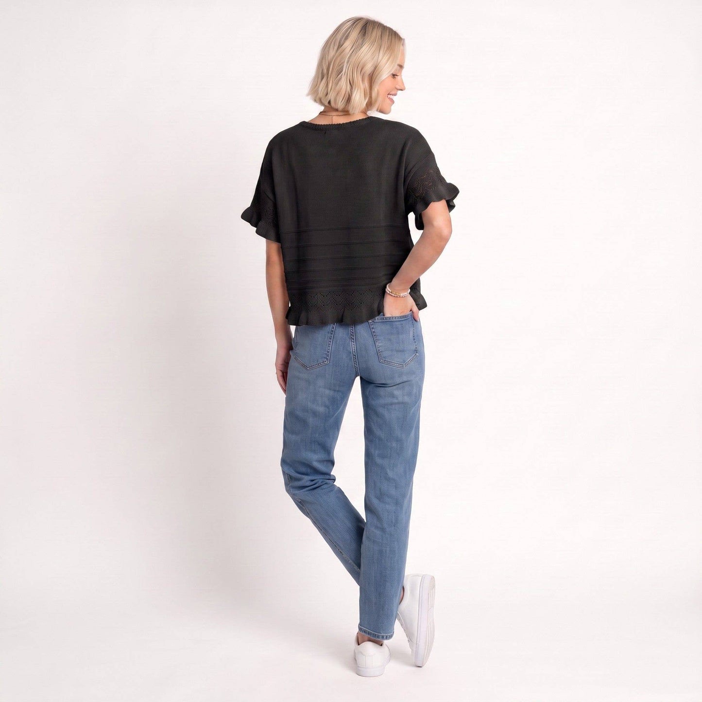 Anna Kaci Wholesale - Short Sleeve Sweater Top Lace Ruffle Hem Textured Knit Blouse
