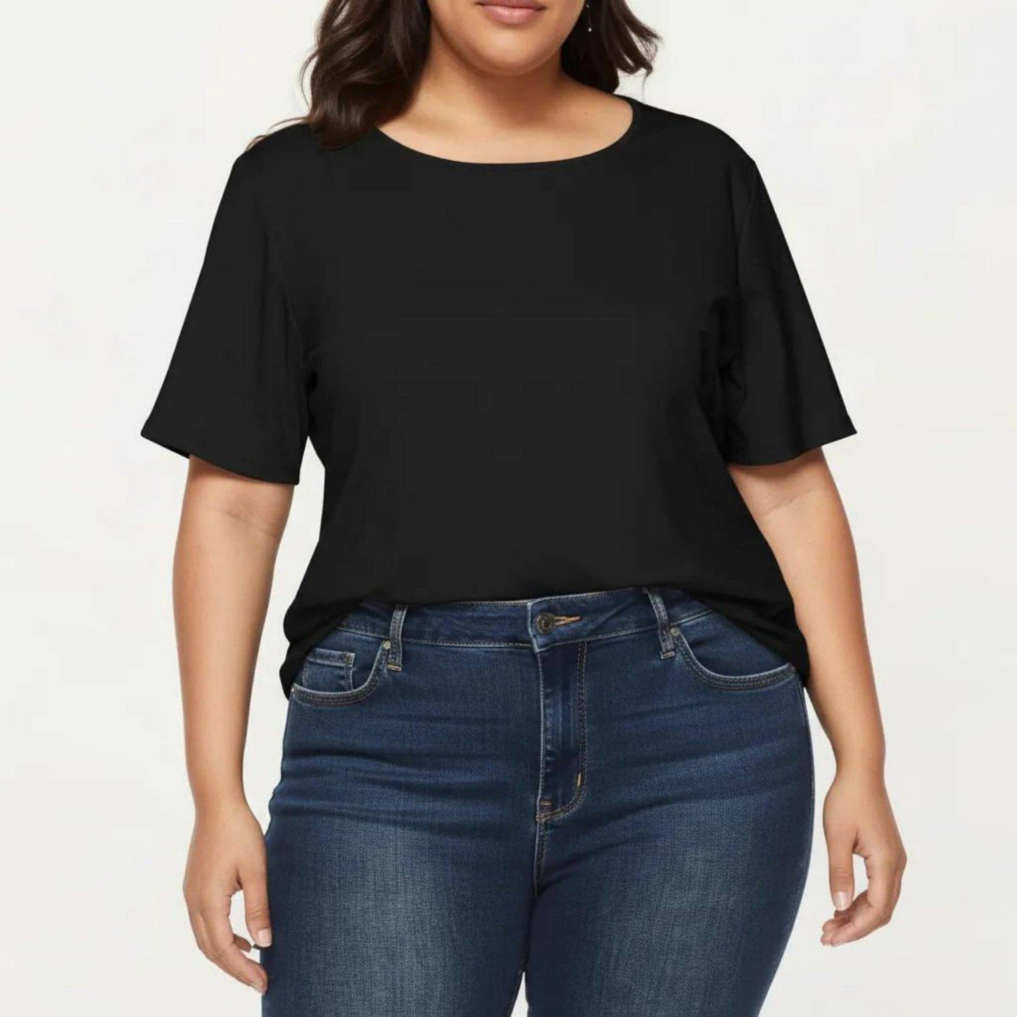 Anna Kaci Wholesale - Plus Size Short Sleeve Top with Scalloped Eyelet Hem Round Neck Loose Fit Casual Blouse