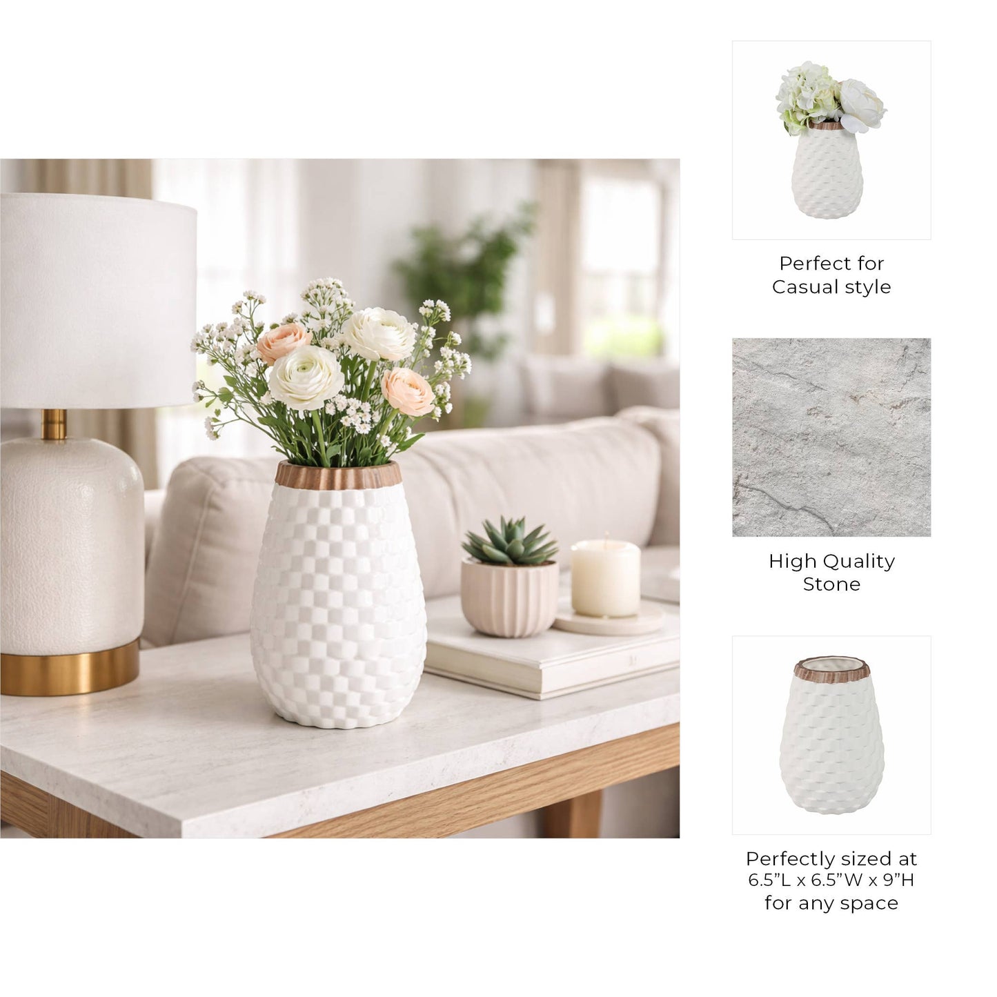Sagebrook Home - Decorative Vase - White/Brown Ceramic Round Textured, 9 in.