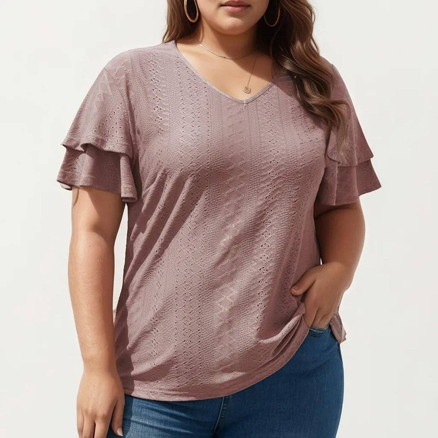 Anna Kaci Wholesale - Plus Size Short Sleeve V Neck Top with Textured Knit Fabric Tiered Ruffle Sleeves Shirt