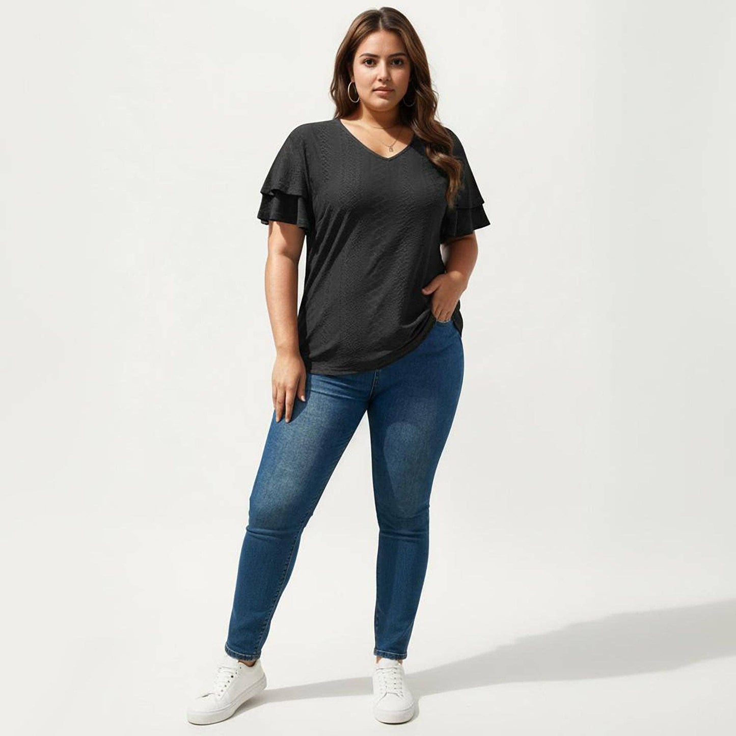 Anna Kaci Wholesale - Plus Size Short Sleeve V Neck Top with Textured Knit Fabric Tiered Ruffle Sleeves Shirt