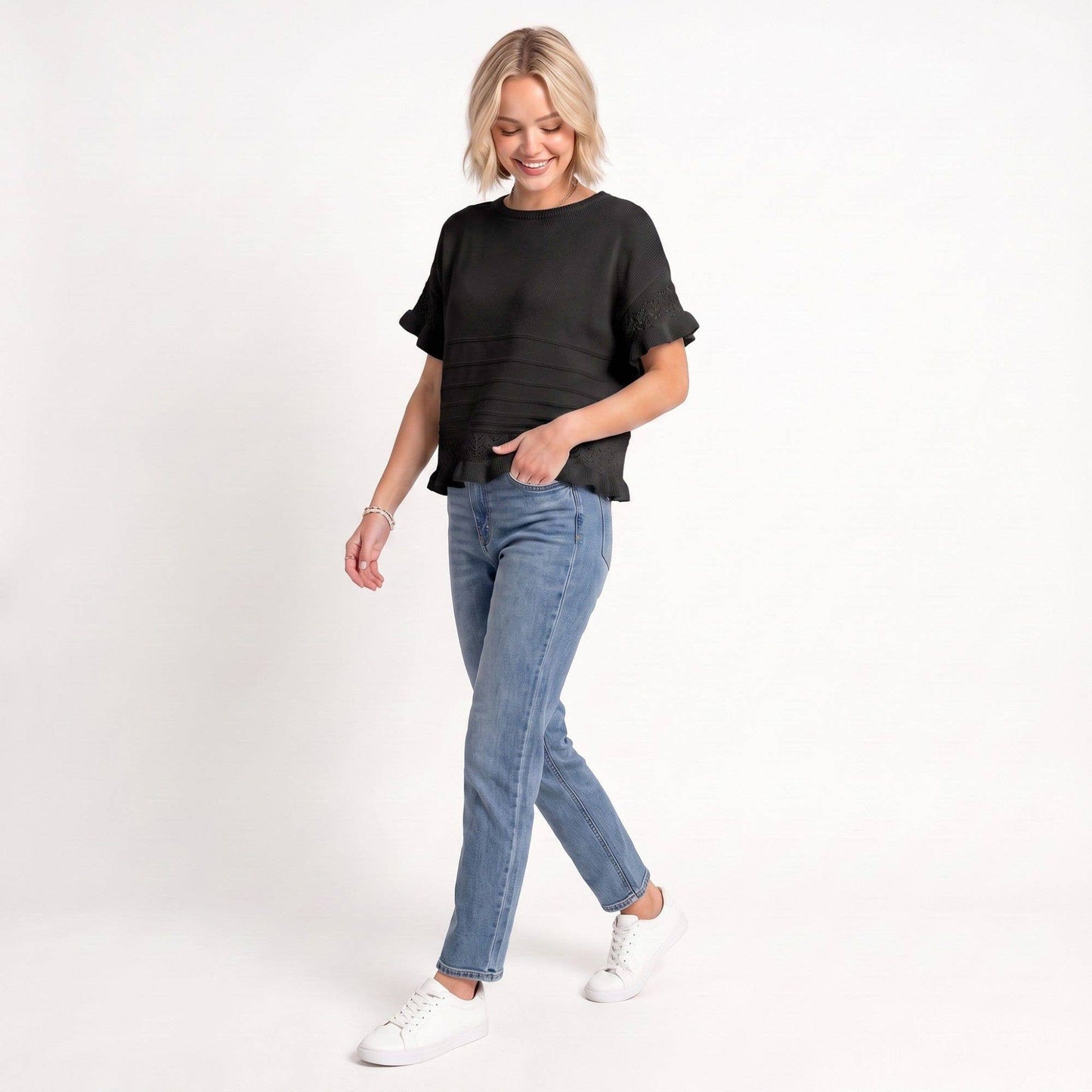 Anna Kaci Wholesale - Short Sleeve Sweater Top Lace Ruffle Hem Textured Knit Blouse