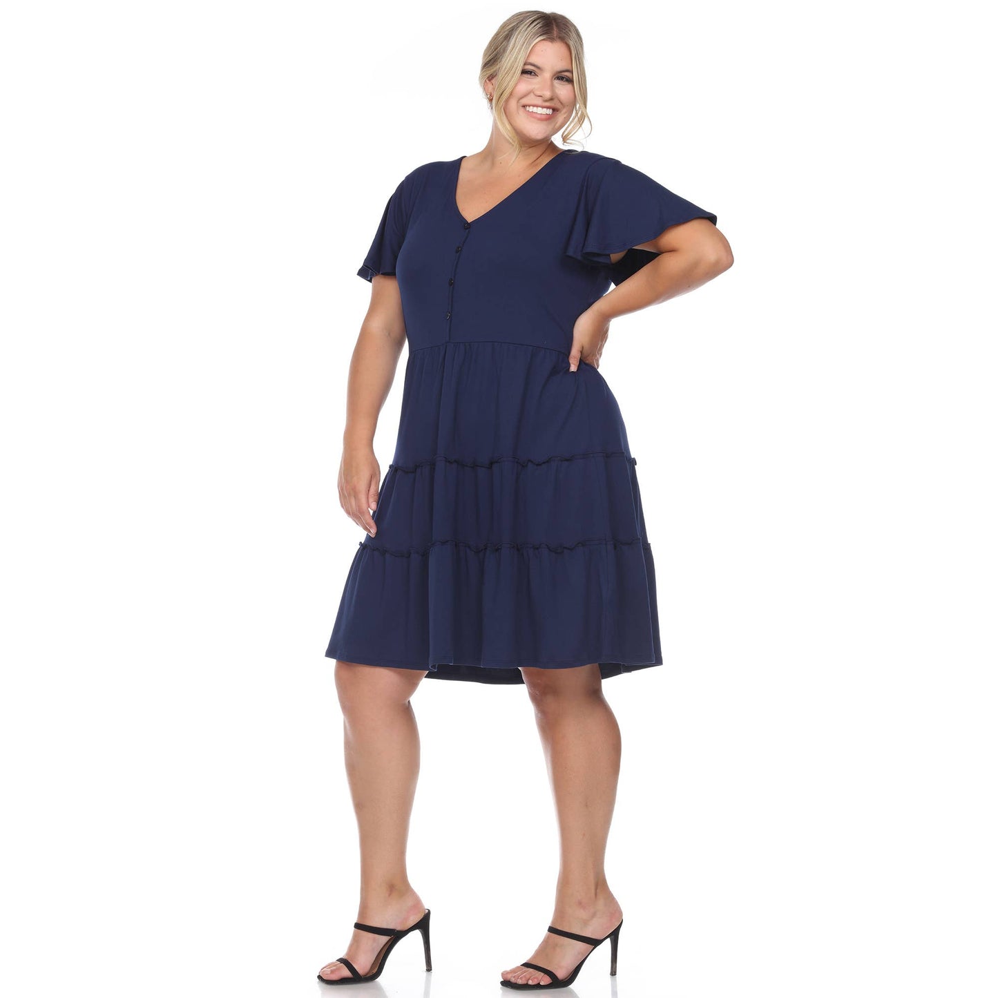 WHITE MARK - Plus Size Short Sleeve V-neck Tiered Midi Dress