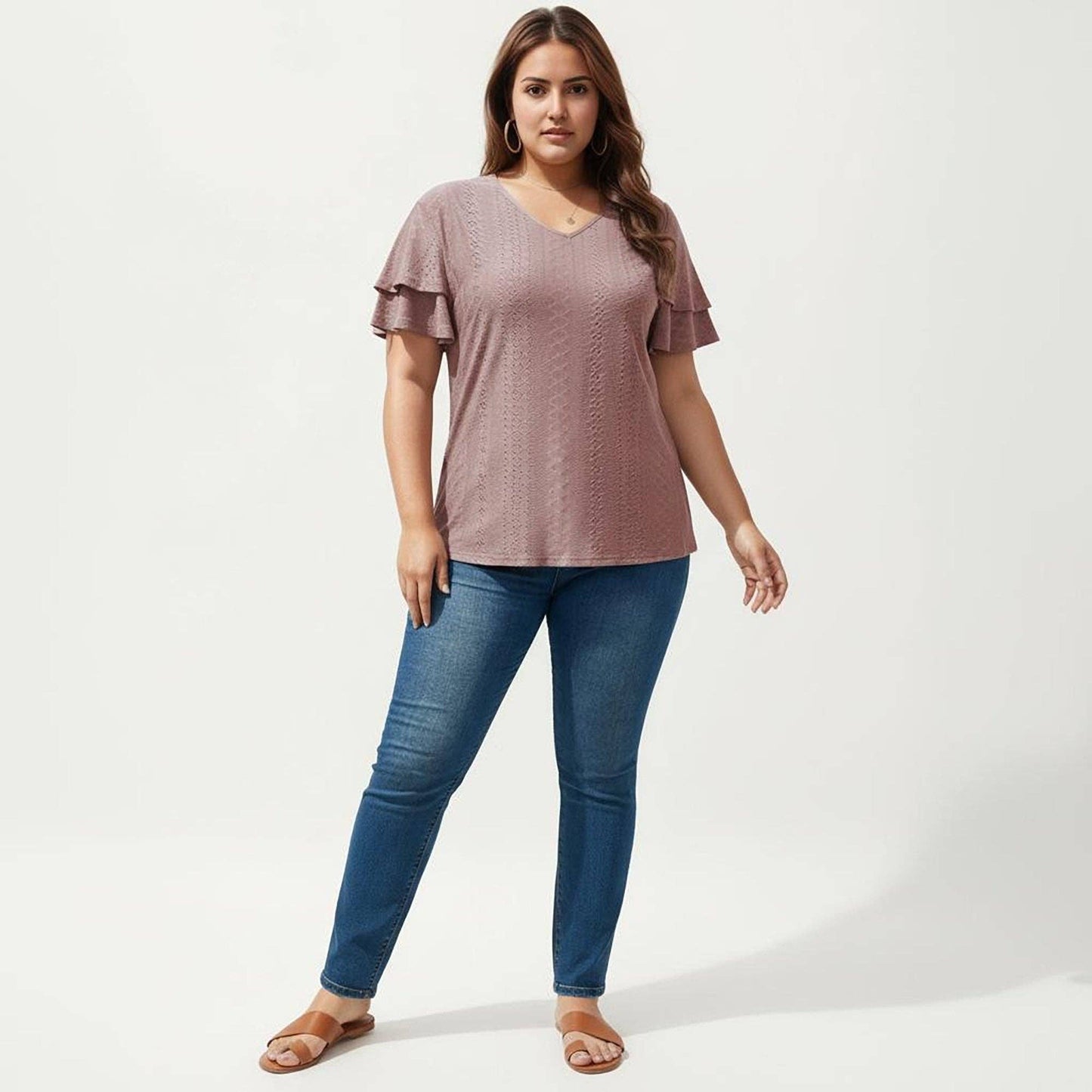 Anna Kaci Wholesale - Plus Size Short Sleeve V Neck Top with Textured Knit Fabric Tiered Ruffle Sleeves Shirt