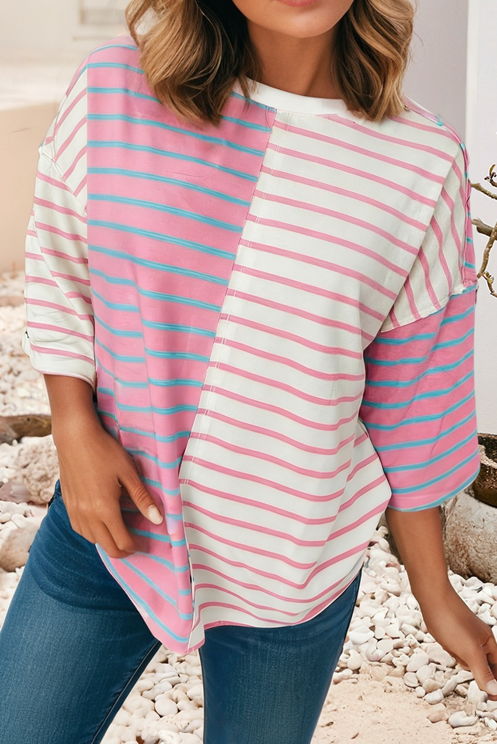 Little Daisy Closet - LDC Stripe Colorblock Round Neck Drop Shoulder T-shirt