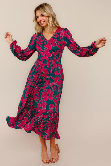 Vintage Floral Midi Ruffle Hem Dress