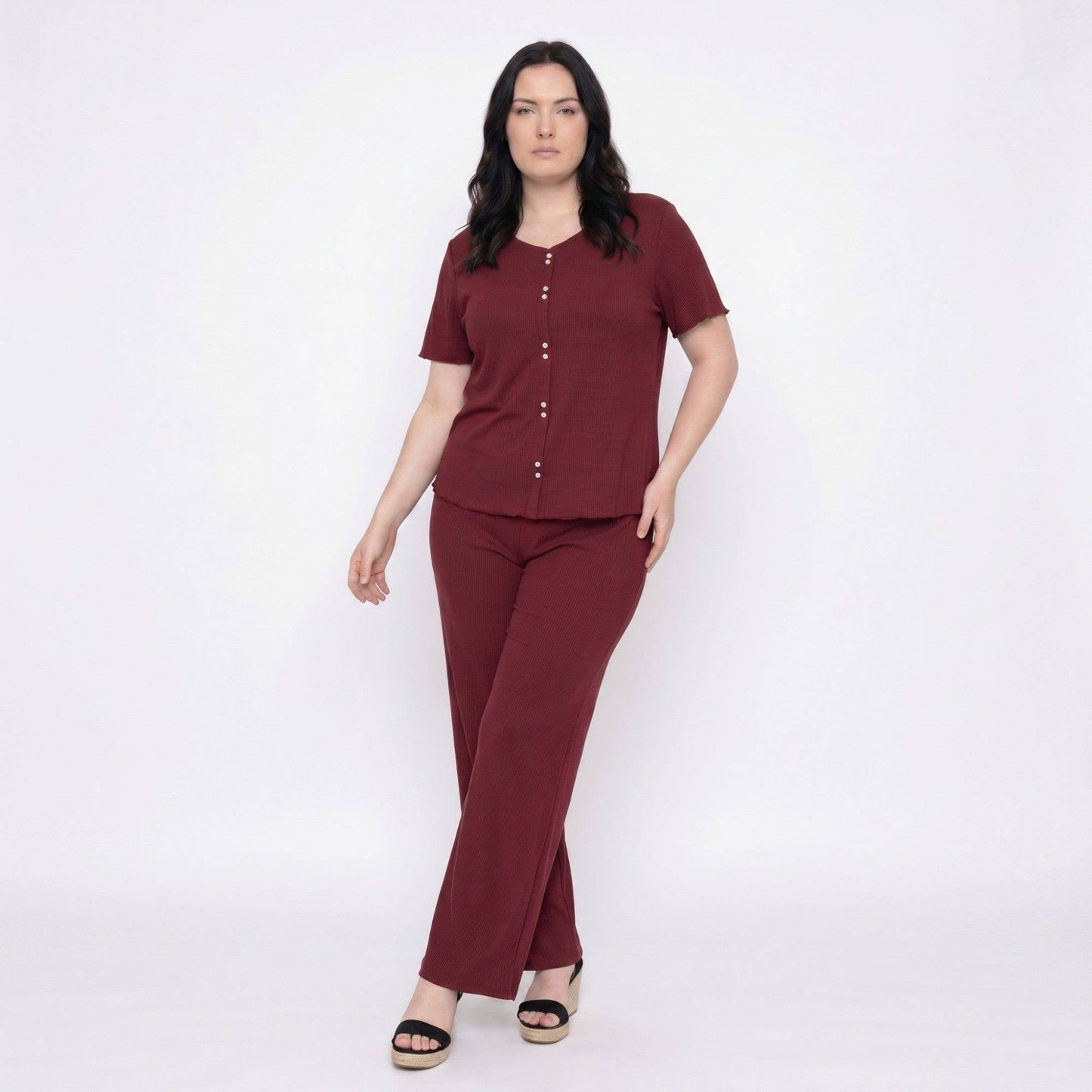 Anna Kaci Wholesale - Plus Size 2-Piece Short Sleeve Button Front Pajama Top and Wide Leg Pants Sleepwear Lounge Set