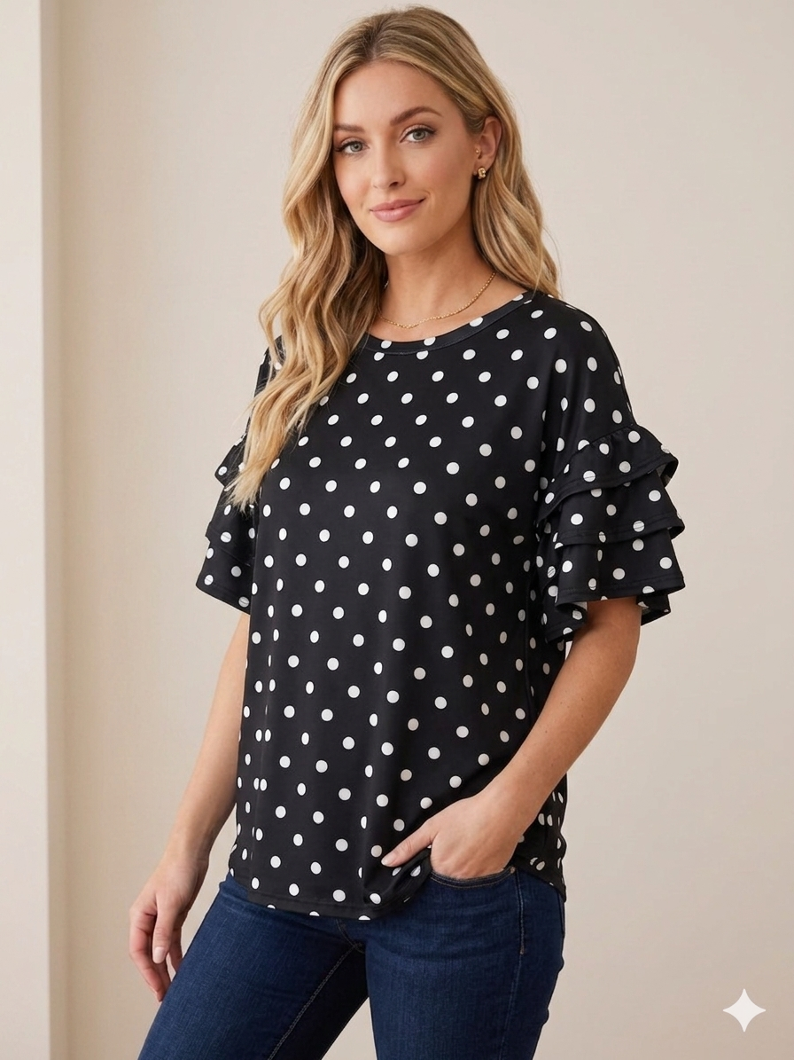 Celeste Clothing - Women's Plus Size Polka Dot Ruffle Sleeve Top Made in USA