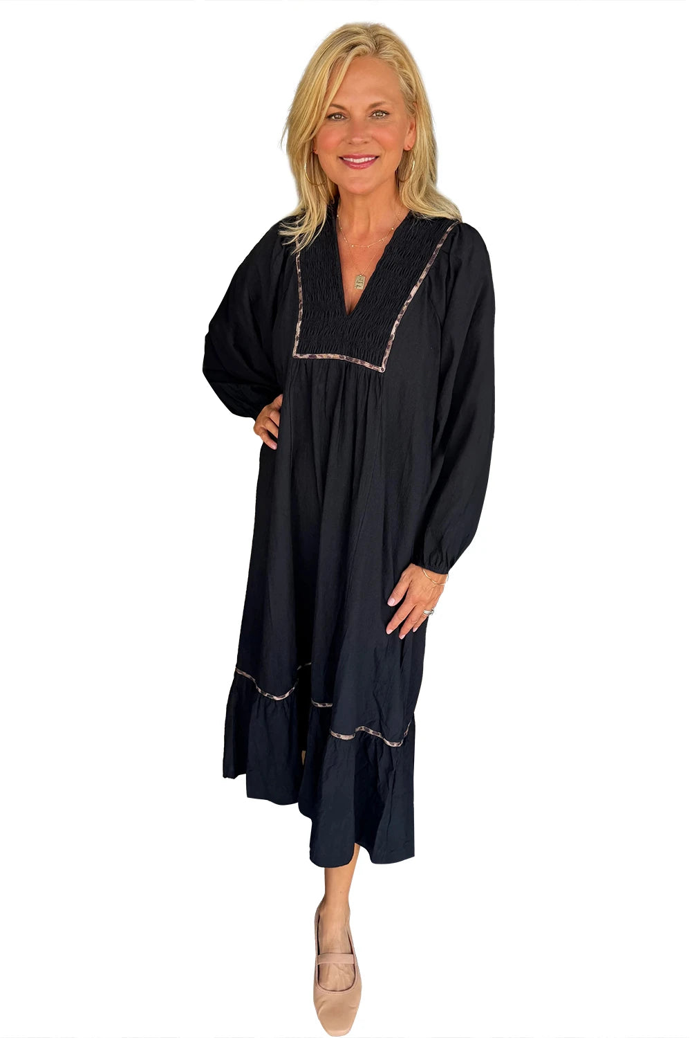 Black Collared Leopard Trim, Bracelet Sleeve Long Dress