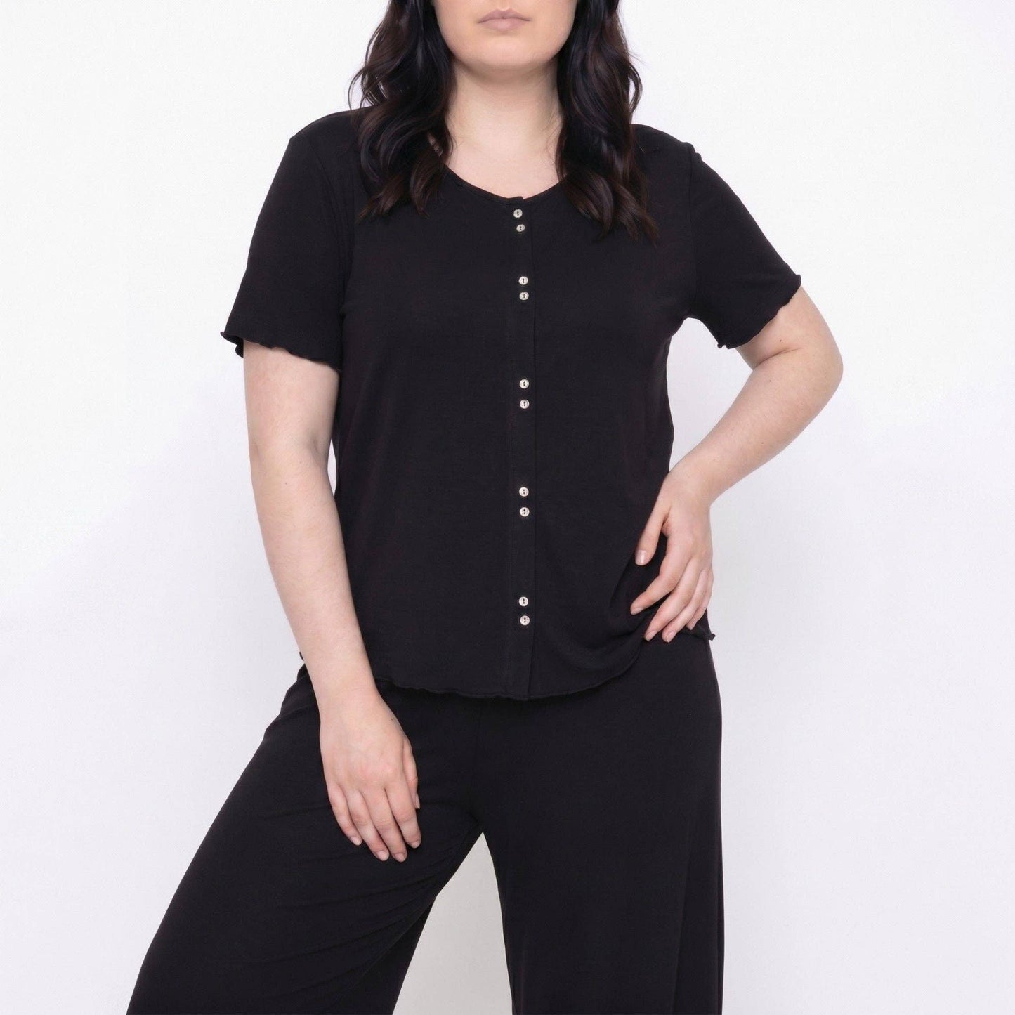 Anna Kaci Wholesale - Plus Size 2-Piece Short Sleeve Button Front Pajama Top and Wide Leg Pants Sleepwear Lounge Set