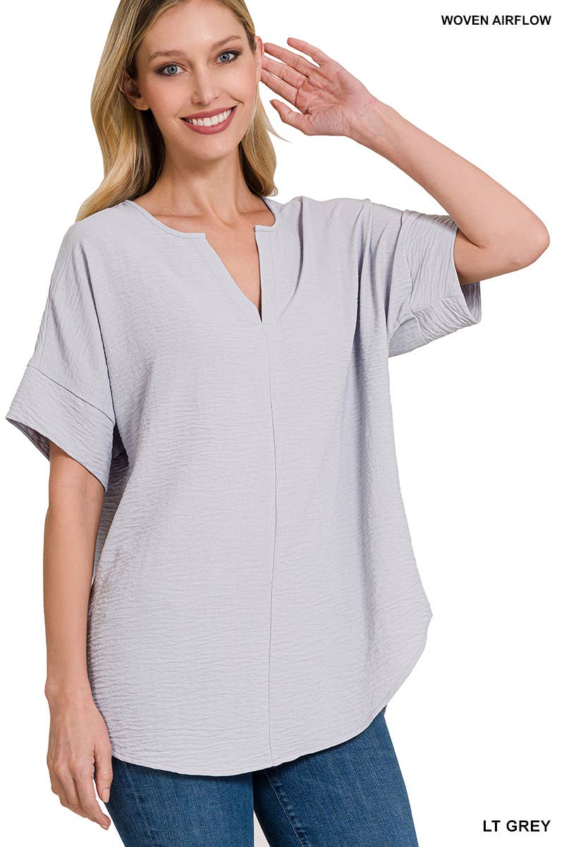 42POPS - 0813 Woven Airflow Split Neck Short Sleeve Top SI-23872 Zenana