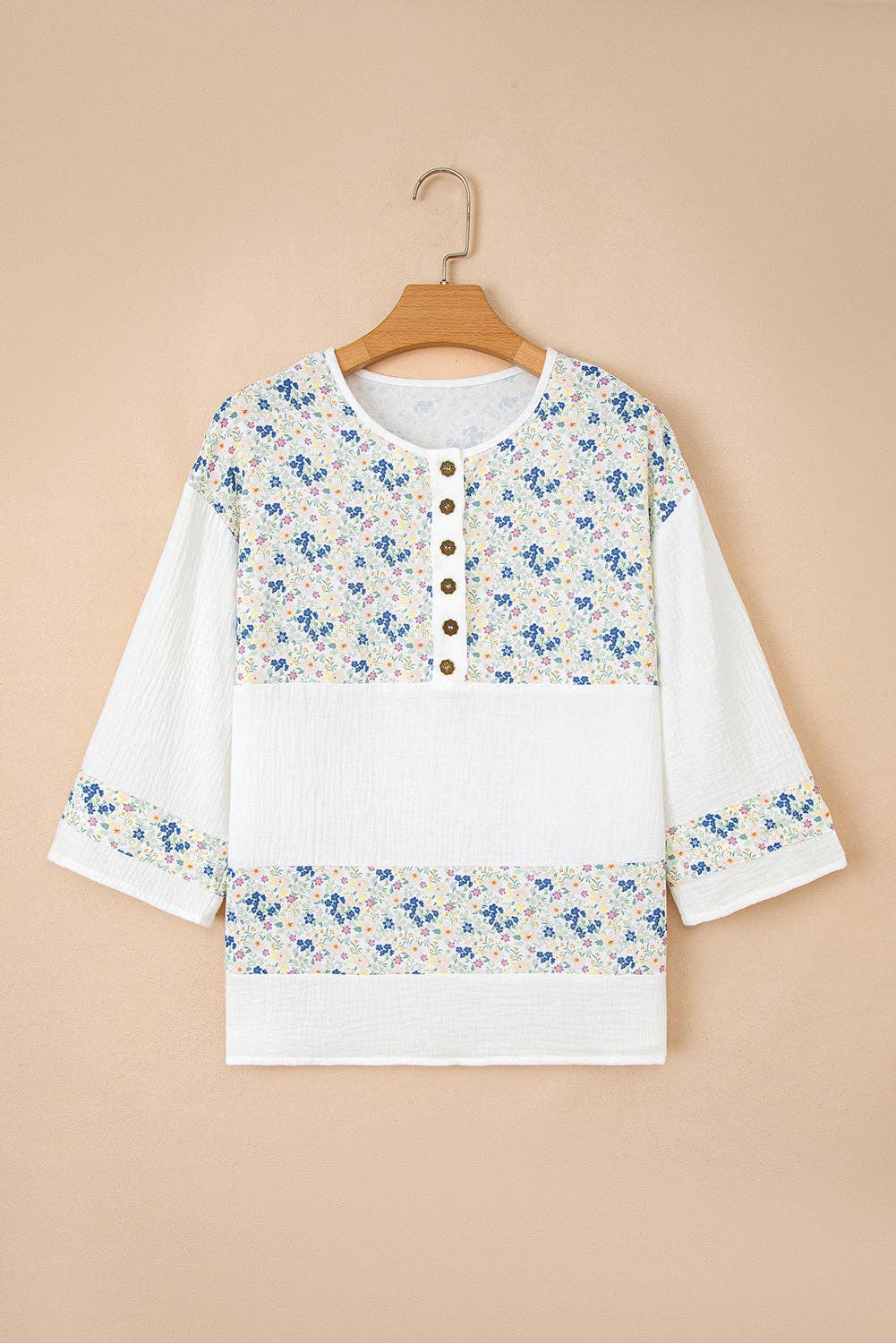 PRETTY BASH - Floral Gauze Patchwork 3/4 Sleeve Blouse