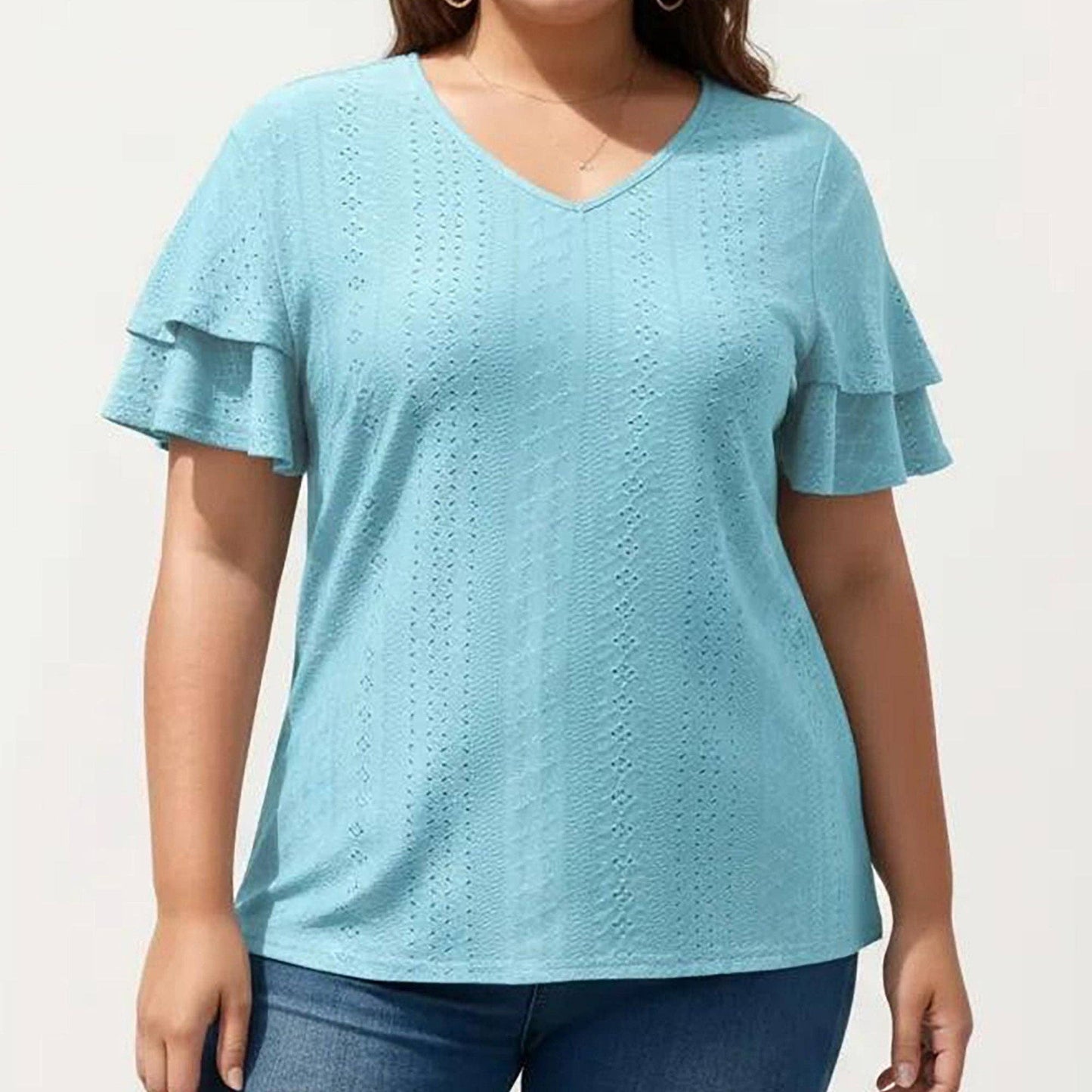 Anna Kaci Wholesale - Plus Size Short Sleeve V Neck Top with Textured Knit Fabric Tiered Ruffle Sleeves Shirt
