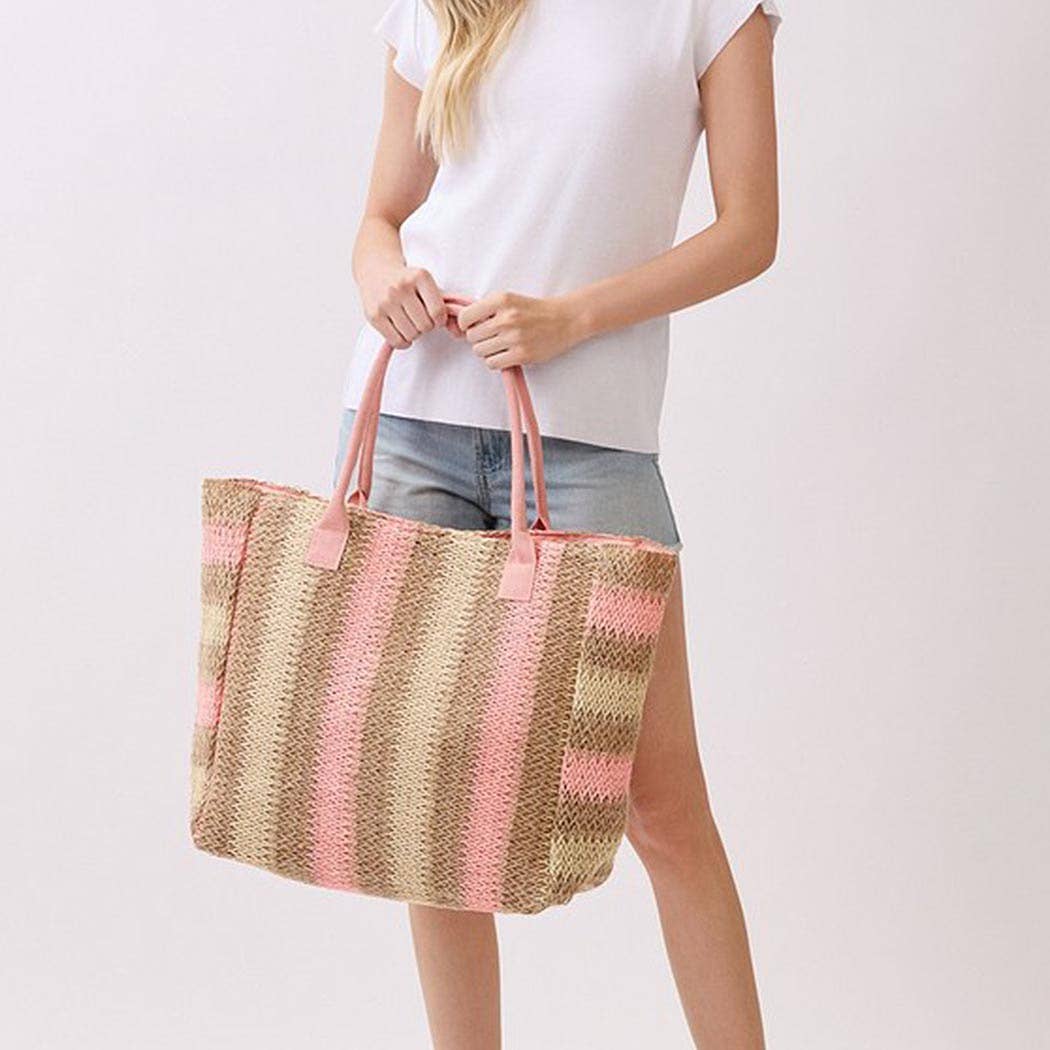 3AM BY H&D ACCESSORIES - Natural Brown Multi Color Stripe Straw Tote Bag