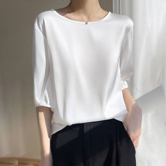 Loose Fit Plus Size Solid Color Satin Short Sleeve T-Shirt