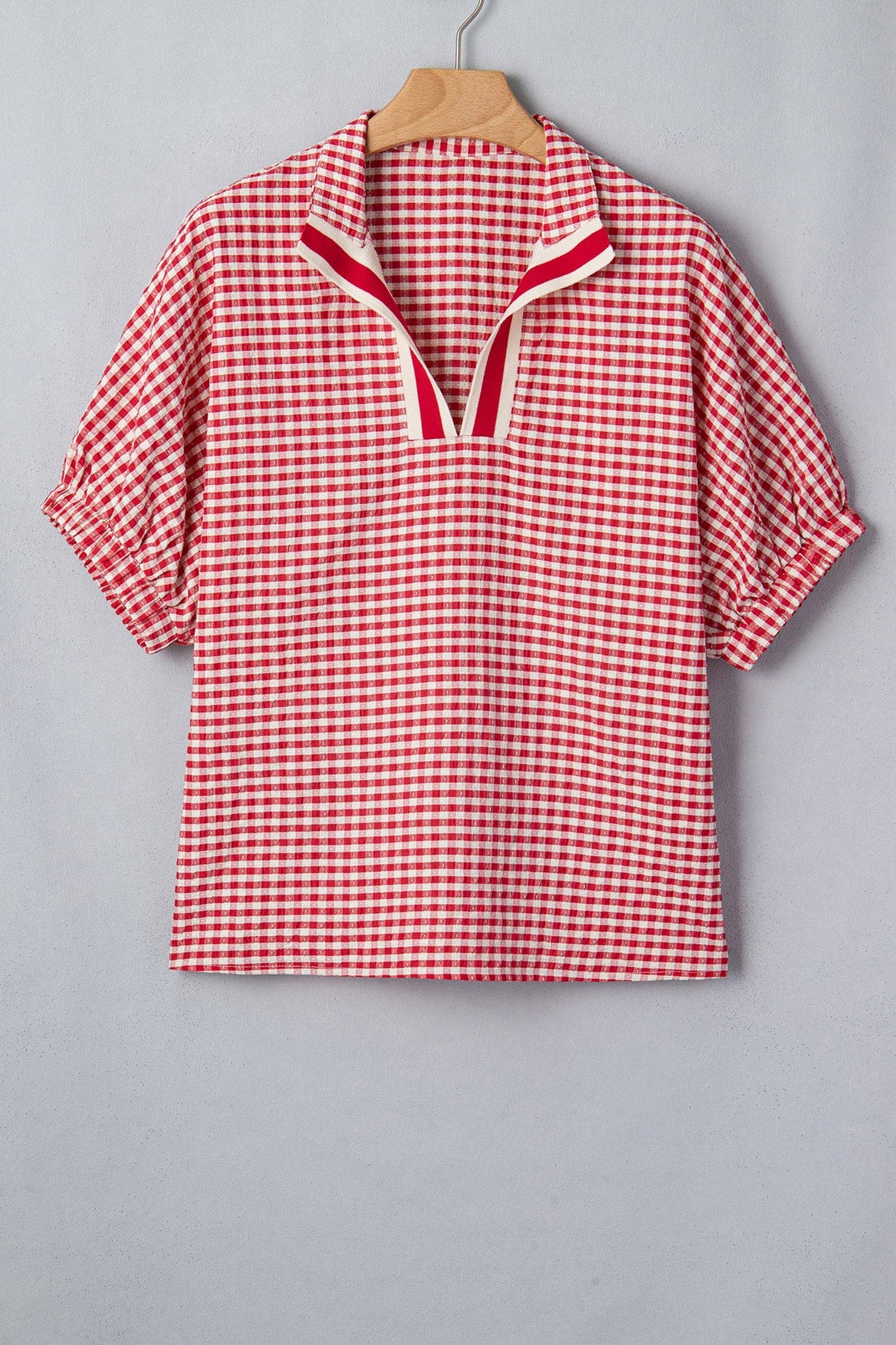 PRETTY BASH - PRETTY BASH Gingham Plaid Trim Split Neck Blouse