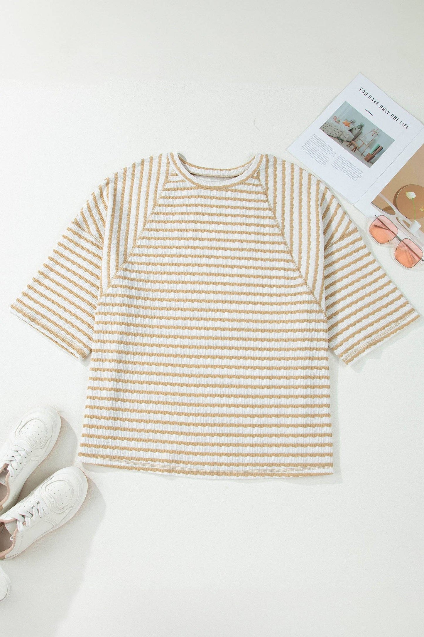PRETTY BASH - PRETTY BASH Plus Size Stripe Textured 3/4 Sleeve Top