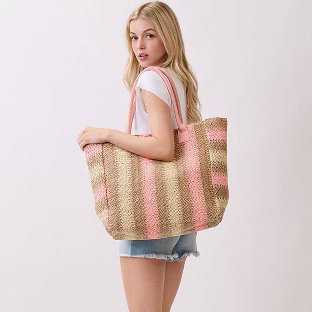 3AM BY H&D ACCESSORIES - Natural Brown Multi Color Stripe Straw Tote Bag