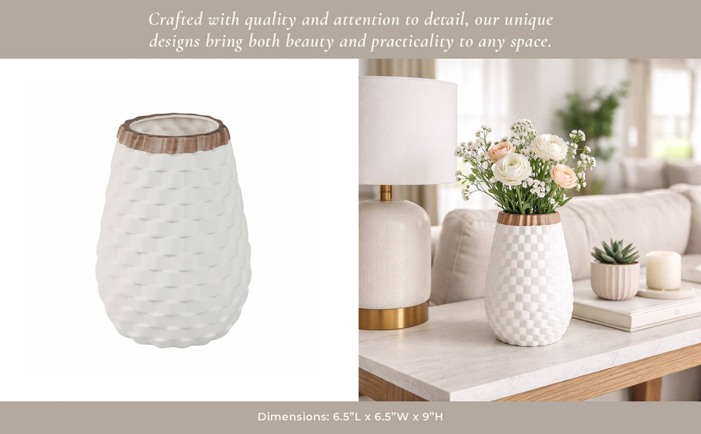 Sagebrook Home - Decorative Vase - White/Brown Ceramic Round Textured, 9 in.