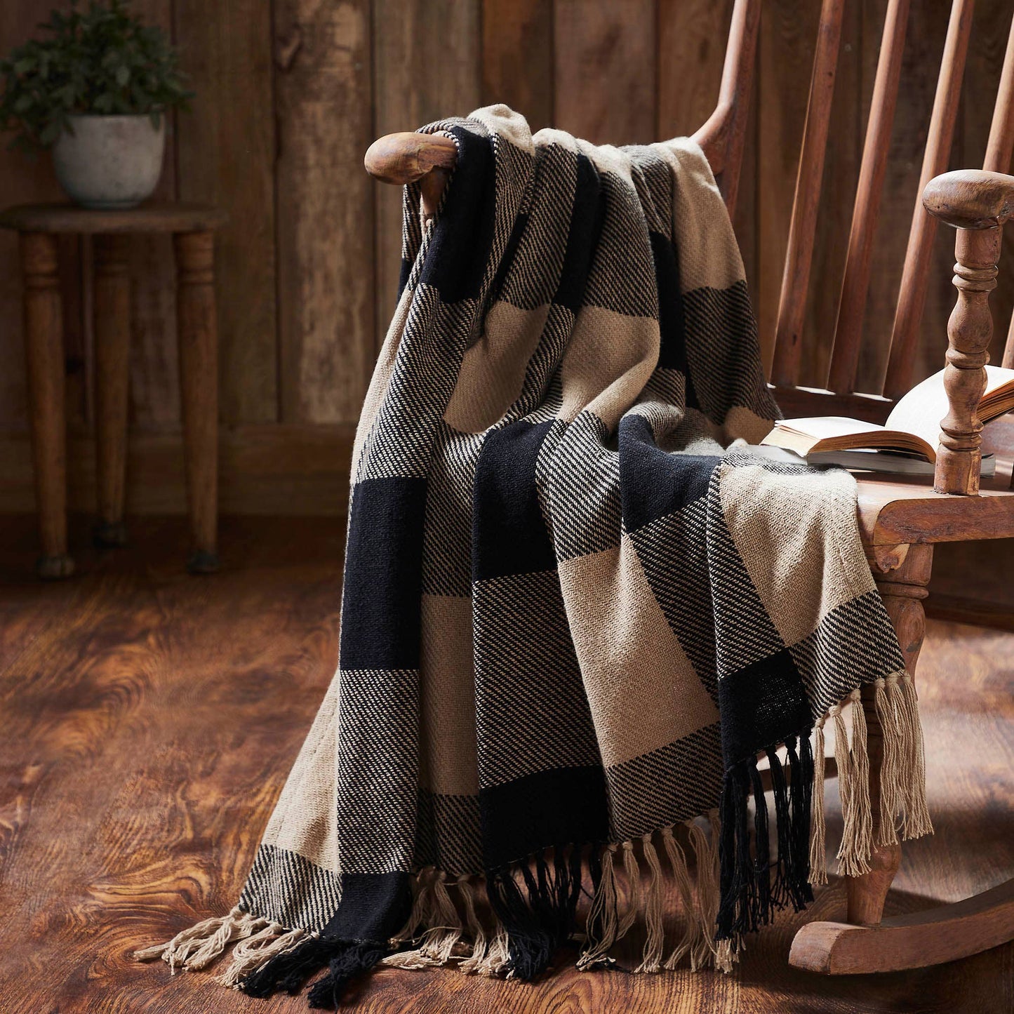 VHC Brands - Black Tan Buffalo Check Woven Throw Blanket 50x60