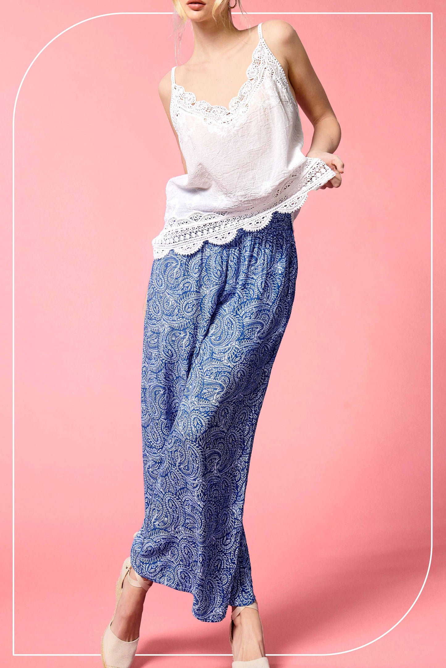 JCP4225-Boho Paisley Print Wide Leg Flowy Pants with Pockets