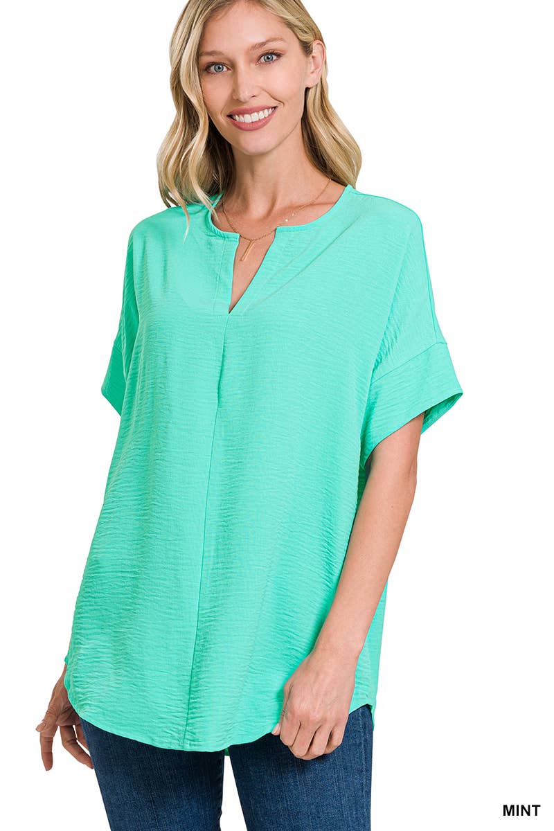 42POPS - 0813 Woven Airflow Split Neck Short Sleeve Top SI-23872 Zenana