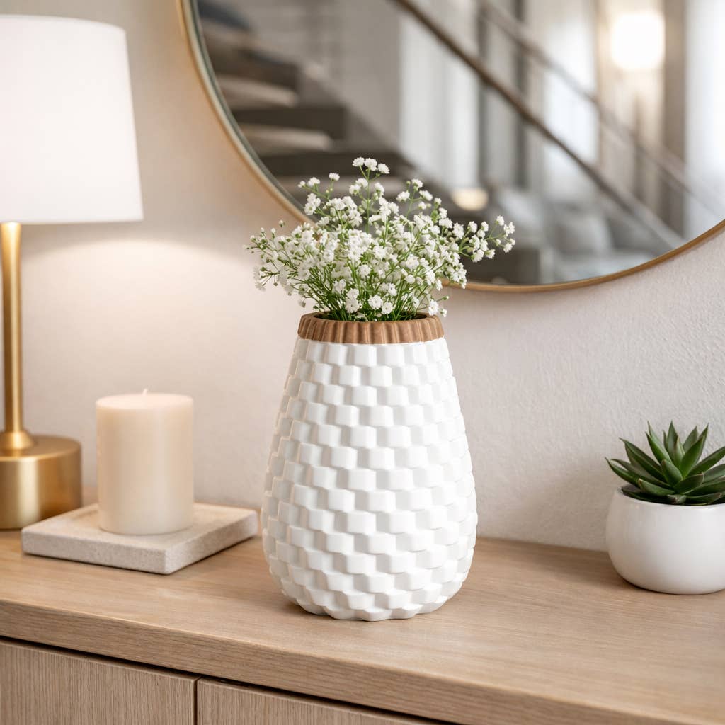 Sagebrook Home - Decorative Vase - White/Brown Ceramic Round Textured, 9 in.