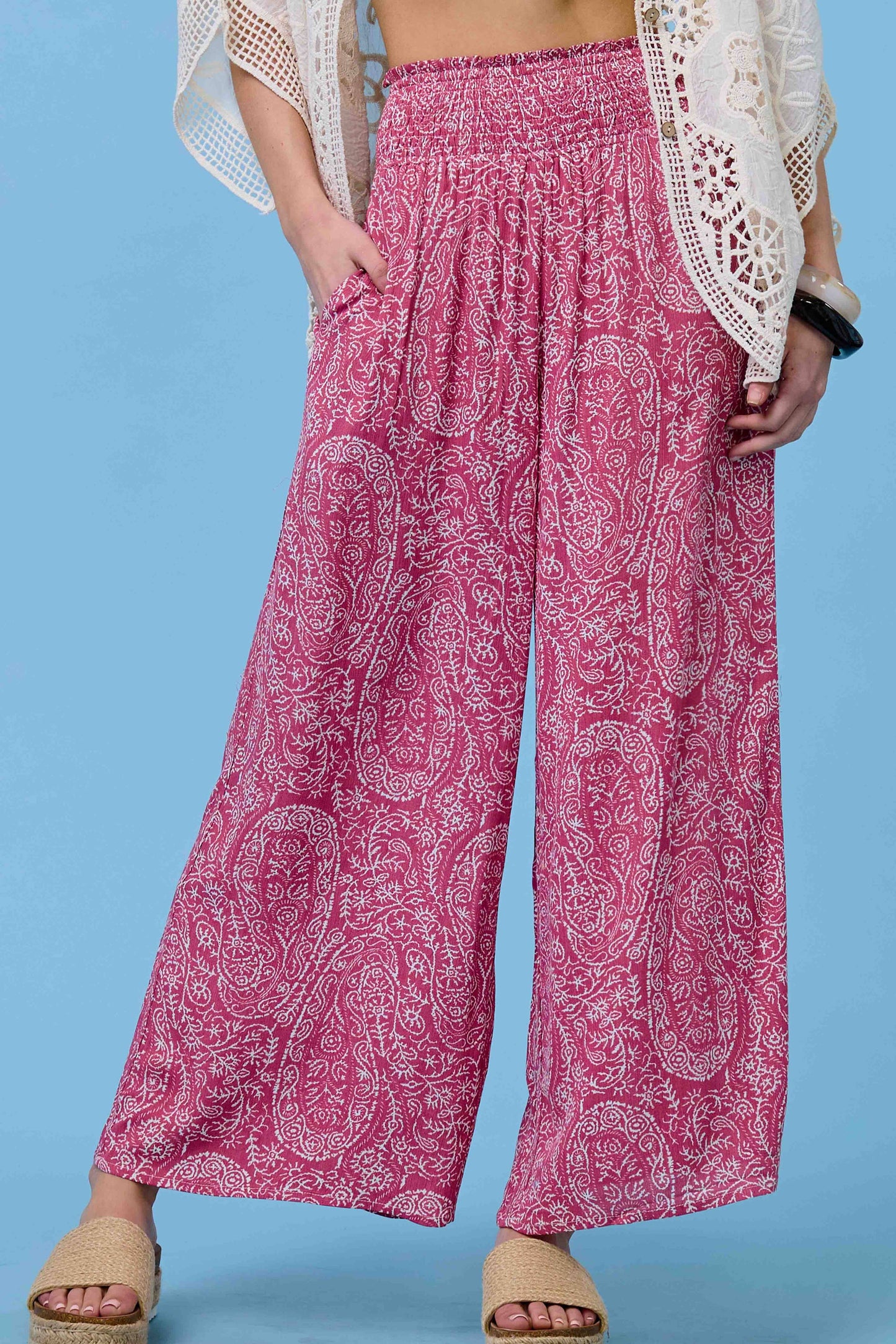 JCP4225-Boho Paisley Print Wide Leg Flowy Pants with Pockets