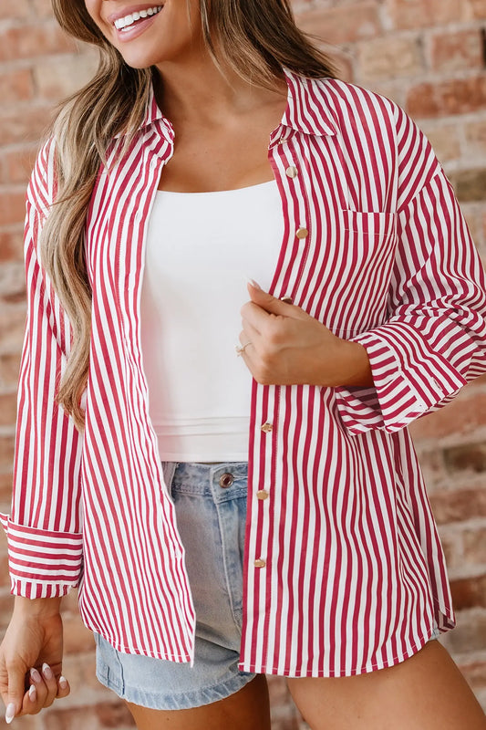 Lovesoft - Red Stripe Patched Pocket Side Slit Loose Shirt