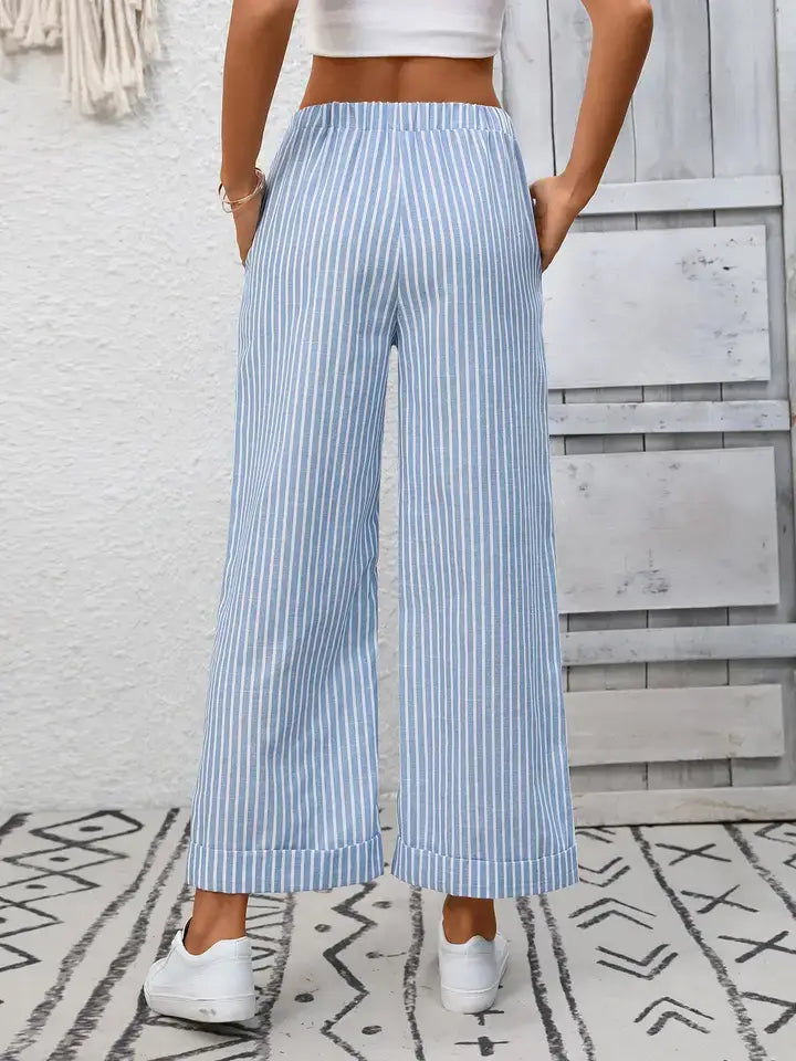 Lovesoft - Striped Wide Leg Pants Women Drawstring Casual Pants
