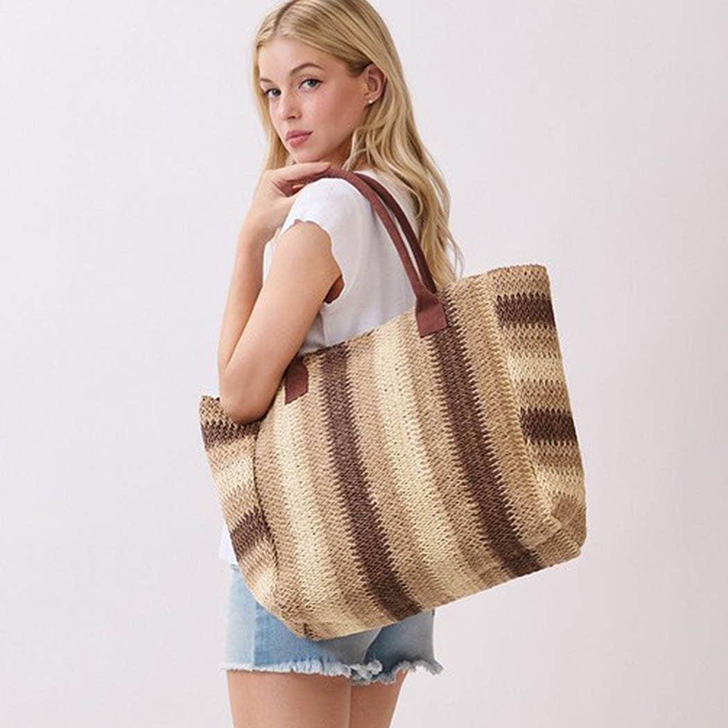 3AM BY H&D ACCESSORIES - Natural Brown Multi Color Stripe Straw Tote Bag