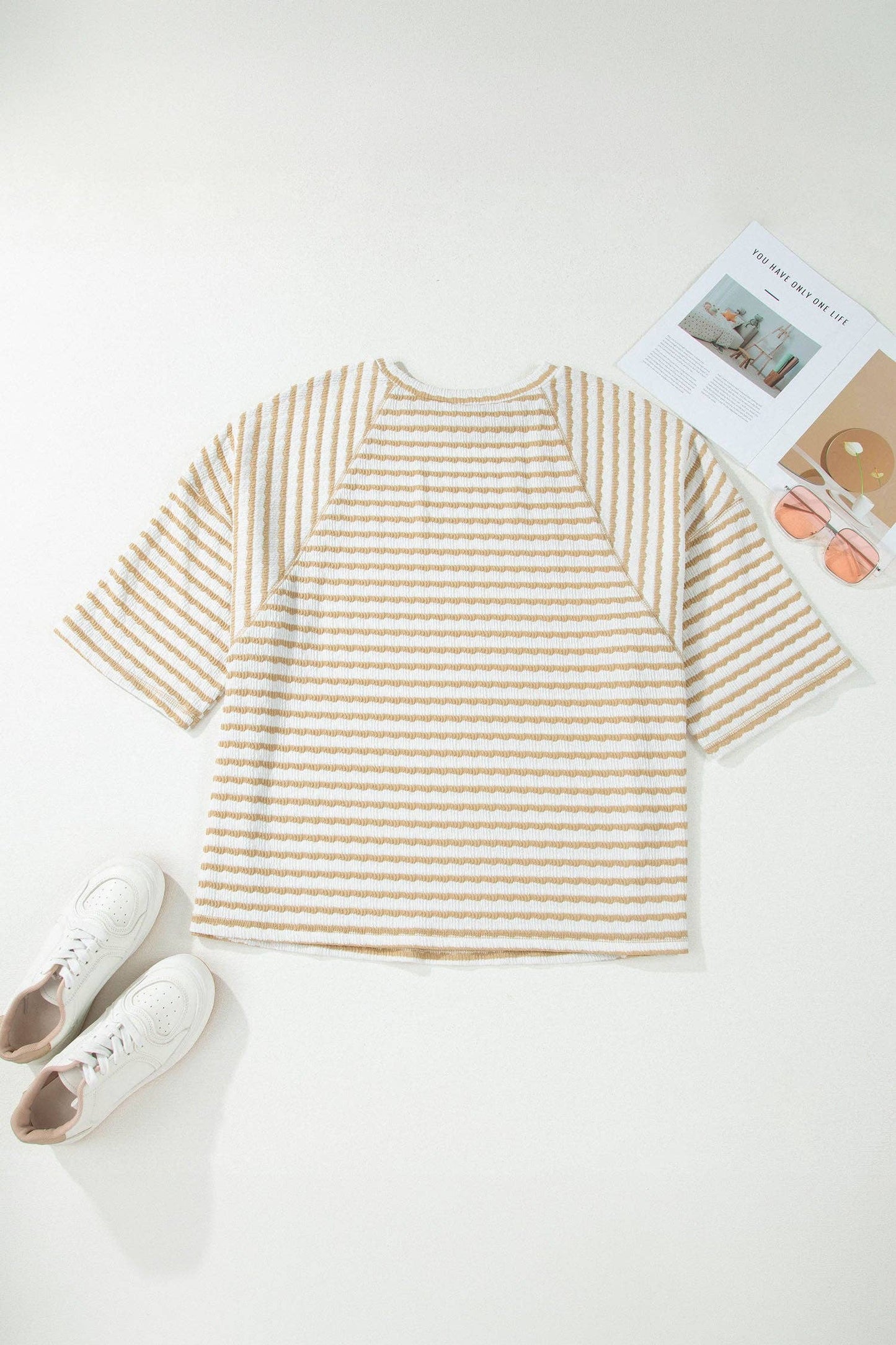 PRETTY BASH - PRETTY BASH Plus Size Stripe Textured 3/4 Sleeve Top