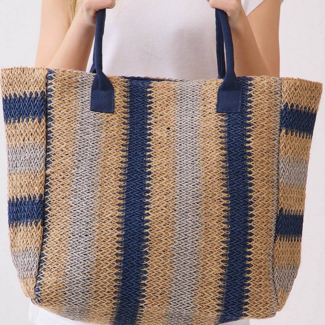 3AM BY H&D ACCESSORIES - Natural Brown Multi Color Stripe Straw Tote Bag