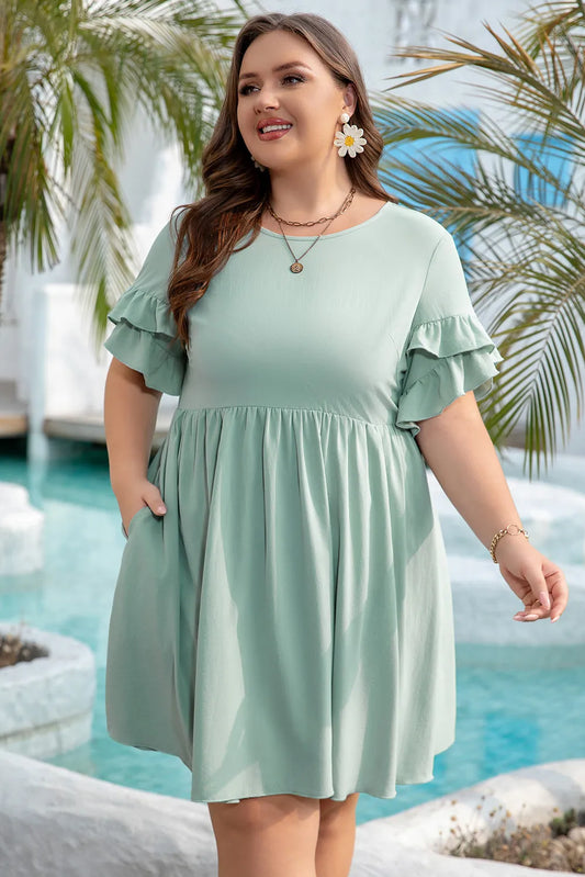Plus Size Grass Green Flared Mini Dress