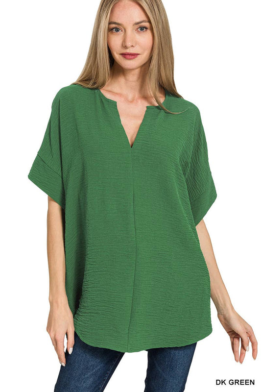 Woven Airflow Split Neck, Short Sleeve Top by Zenana