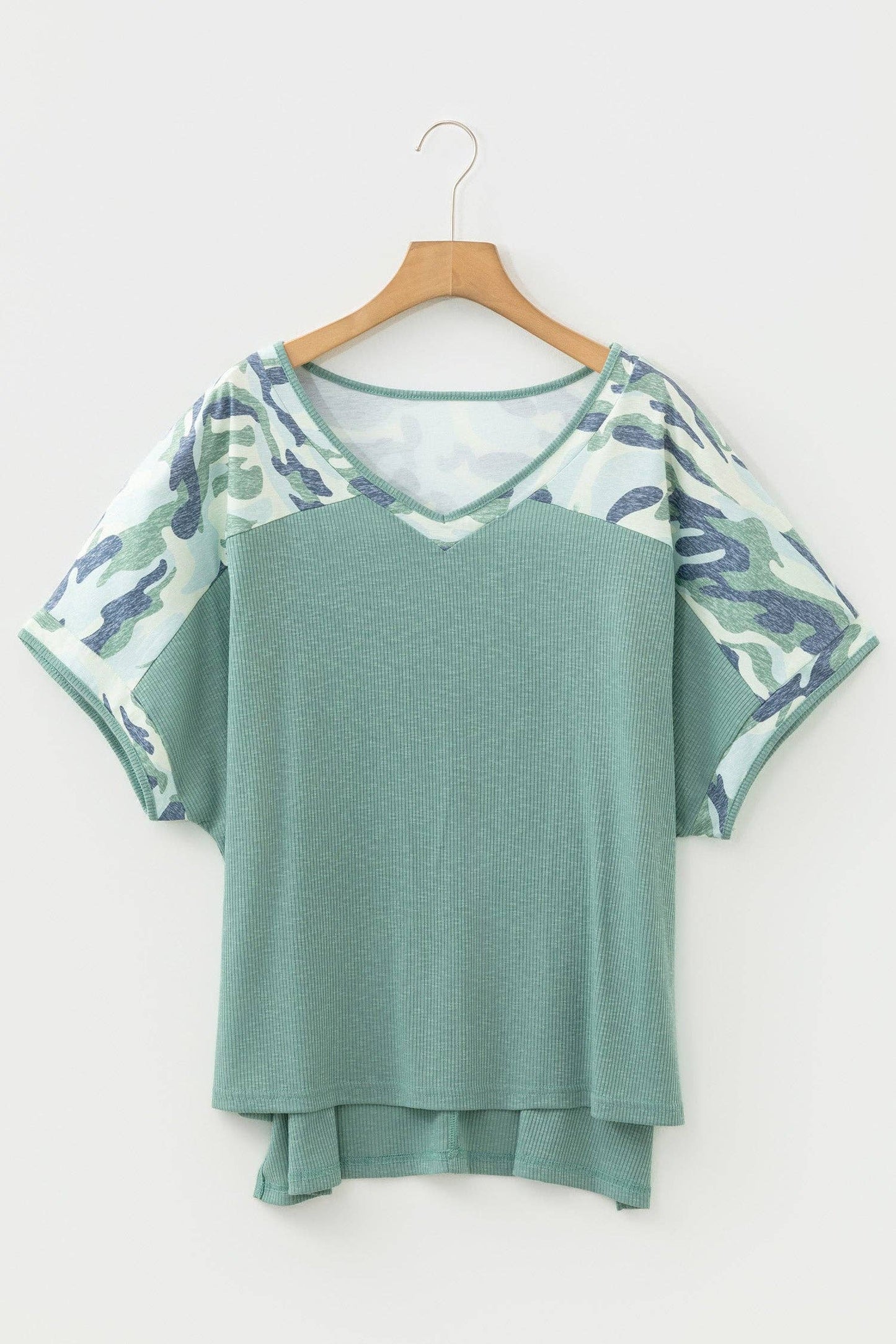 PRETTY BASH - Plus Size Camo Patchwork Ribbed V-Neck Tee