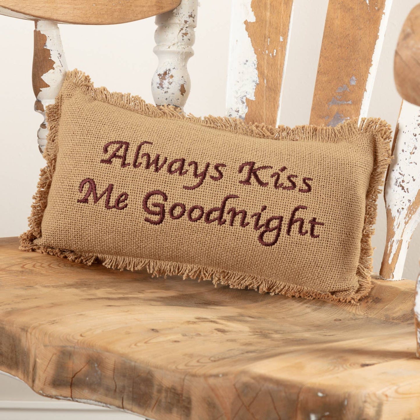 VHC Brands - Burlap Natural Throw Pillow Always Kiss Me Goodnight 7x13