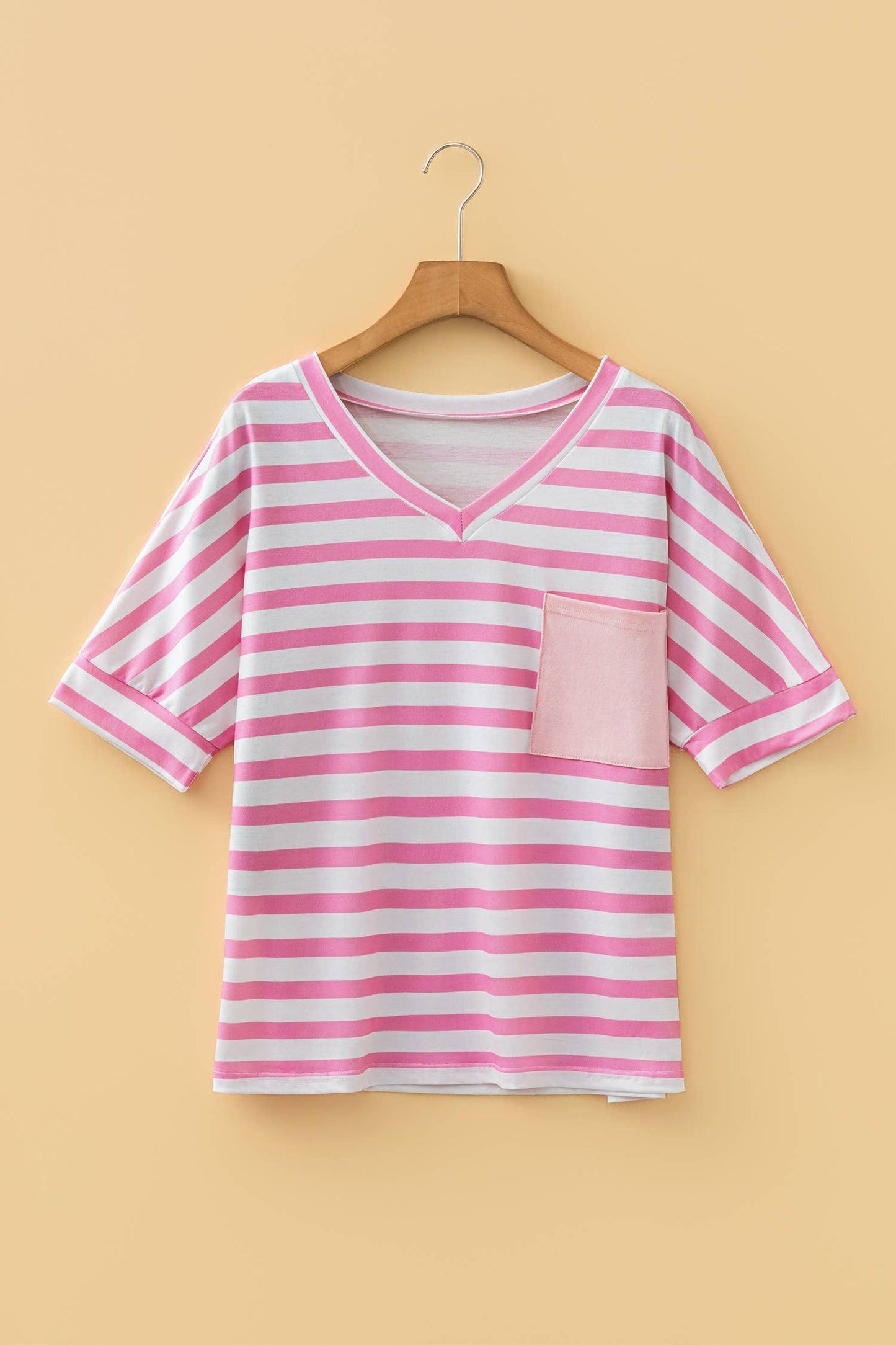 PRETTY BASH - Stripe V-Neck Patch Pocket T-Shirt