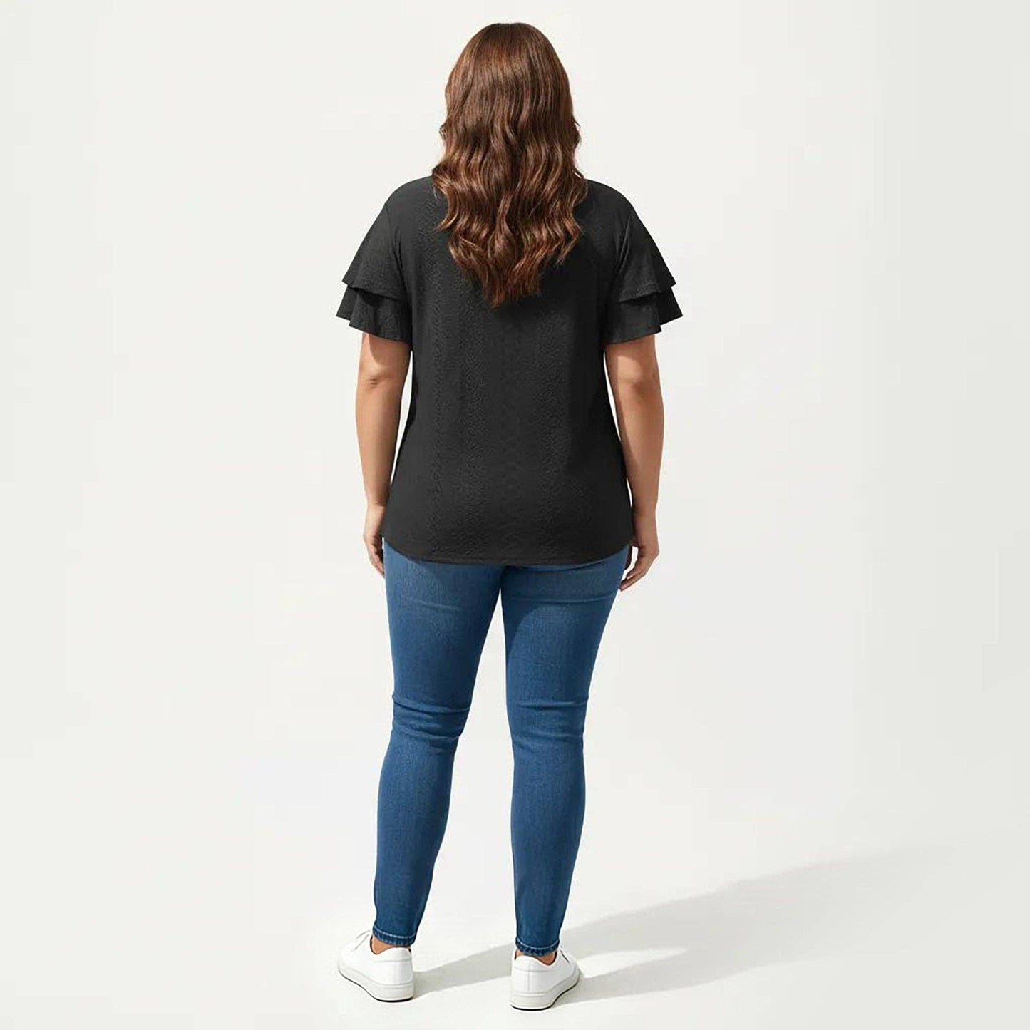 Anna Kaci Wholesale - Plus Size Short Sleeve V Neck Top with Textured Knit Fabric Tiered Ruffle Sleeves Shirt