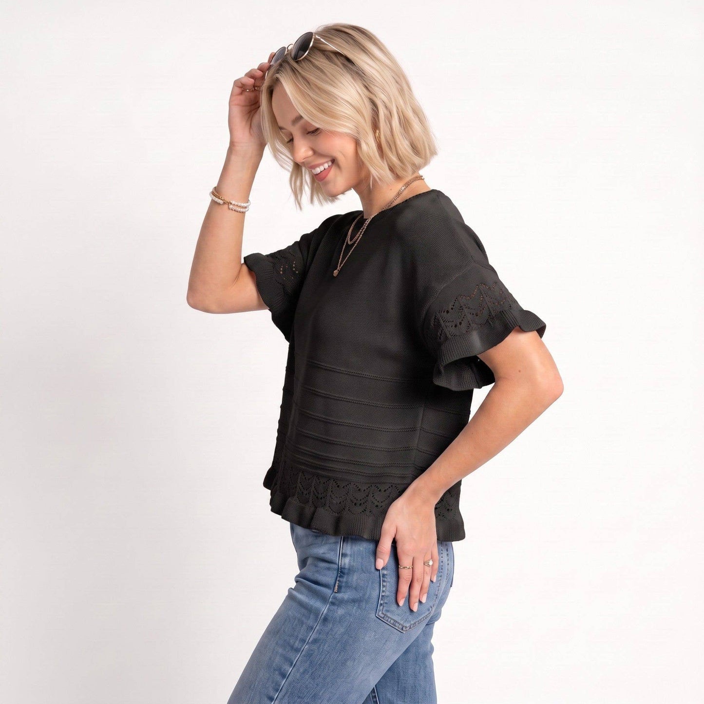 Anna Kaci Wholesale - Short Sleeve Sweater Top Lace Ruffle Hem Textured Knit Blouse