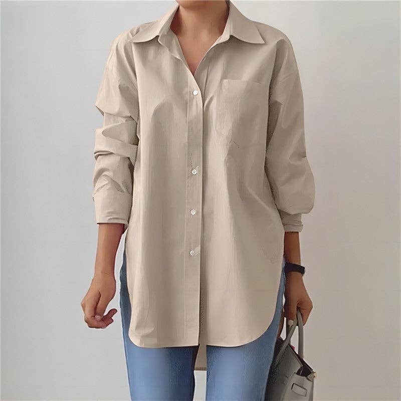 Lapel Split Hem Long Sleeve Shirt in Solid Color