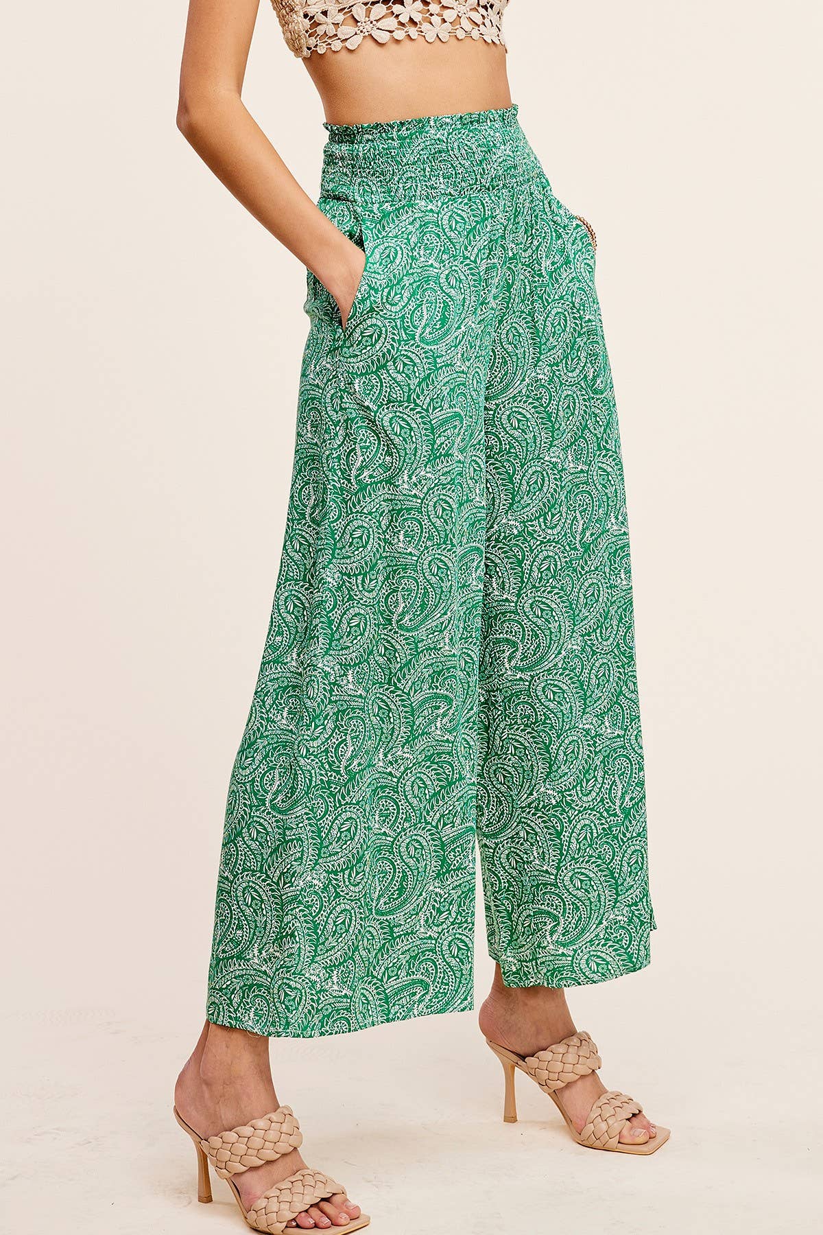JCP4225-Boho Paisley Print Wide Leg Flowy Pants with Pockets