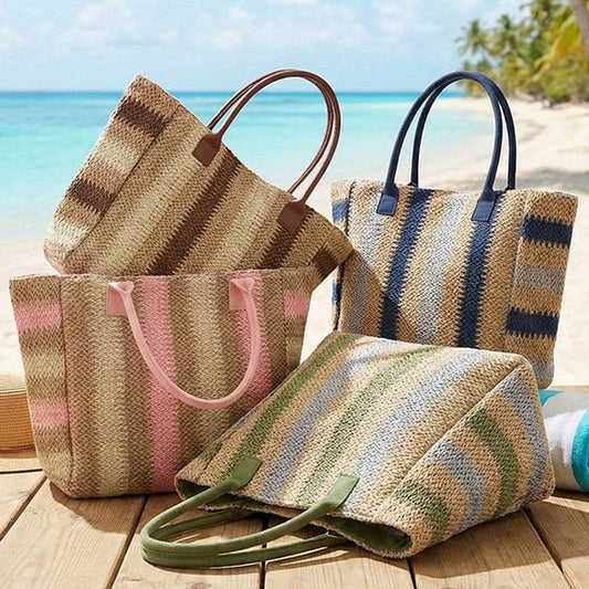 3AM BY H&D ACCESSORIES - Natural Brown Multi Color Stripe Straw Tote Bag