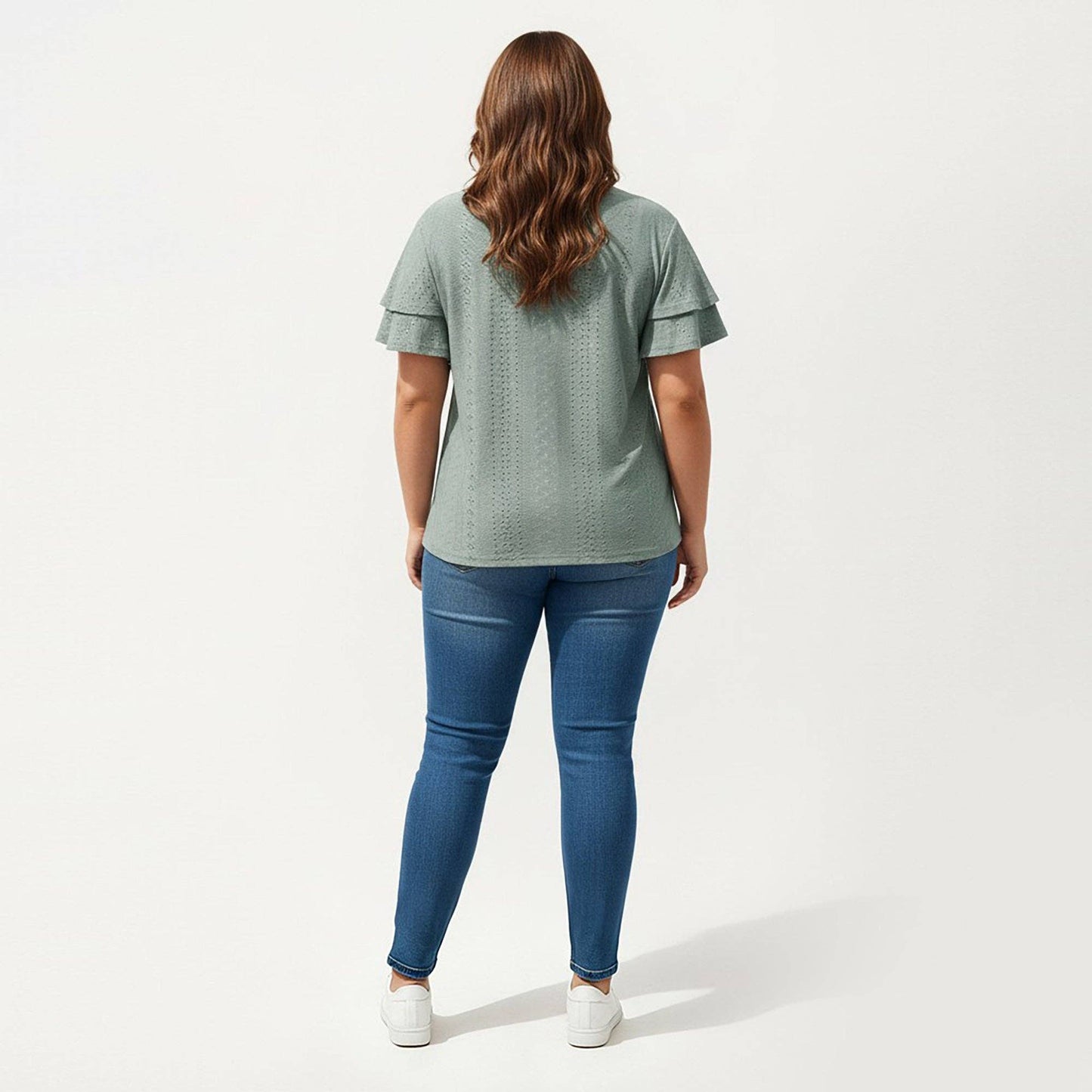 Anna Kaci Wholesale - Plus Size Short Sleeve V Neck Top with Textured Knit Fabric Tiered Ruffle Sleeves Shirt