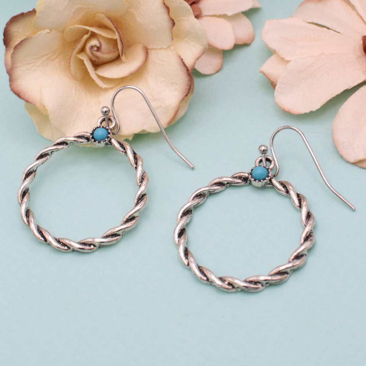 ZAD - Twisted Silver Circle Turquoise Earrings