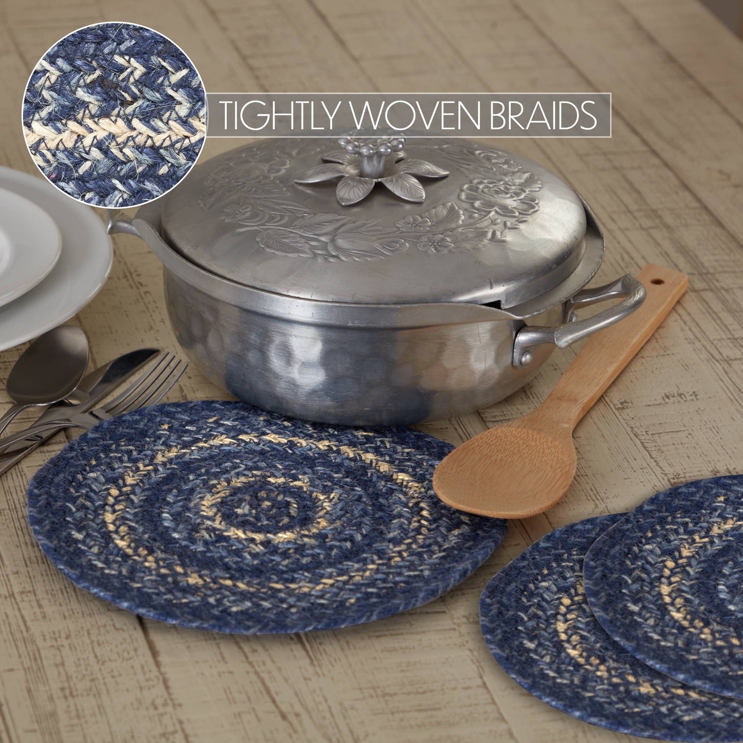VHC Brands - Great Falls Blue Braided Jute Trivet Hot Pad 8 Set of 3